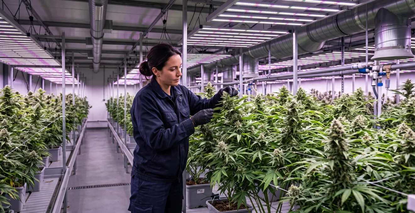 Cultivateur inspectant des plants de chanvre CBD en floraison dans une installation de culture indoor professionnelle sous éclairage LED horticole.