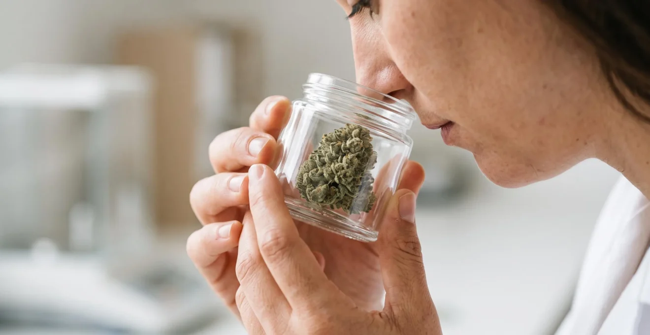 Expert qualité CBD effectuant une évaluation sensorielle d'une fleur de chanvre CBD tenue dans un contenant en verre pour examiner son profil aromatique.