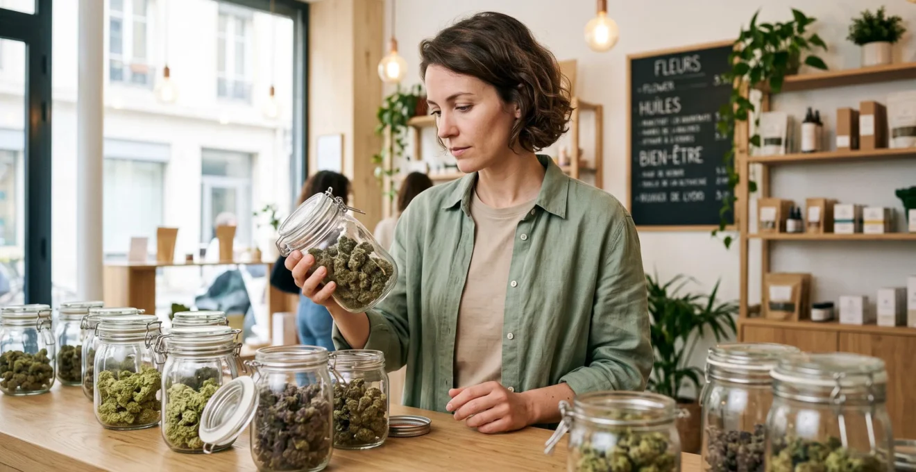 Spécialiste CBD examinant différentes variétés de fleurs de chanvre présentées dans des bocaux en verre sur un comptoir en bois dans une boutique spécialisée.