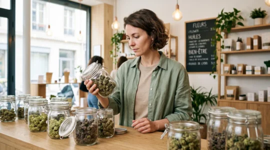 Spécialiste CBD examinant différentes variétés de fleurs de chanvre présentées dans des bocaux en verre sur un comptoir en bois dans une boutique spécialisée.